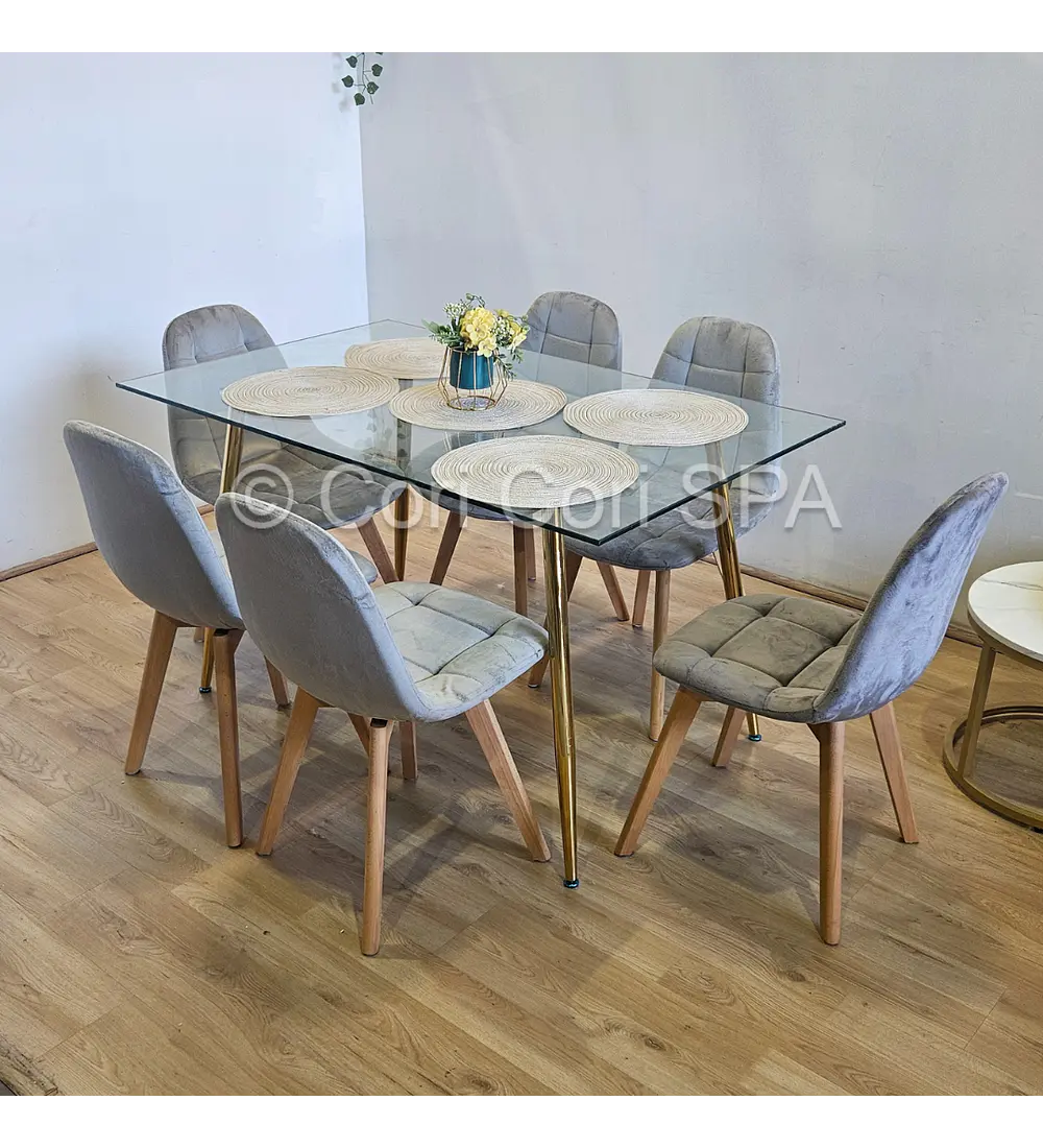 Comedor Rubi Gold 130x80cms + 6 Sillas Capitonne Velvet 