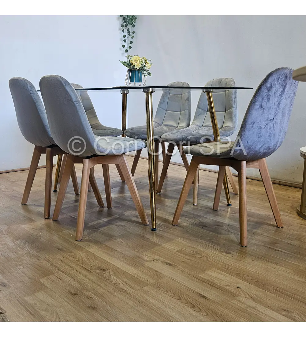Comedor Rubi Gold 130x80cms + 6 Sillas Capitonne Velvet 