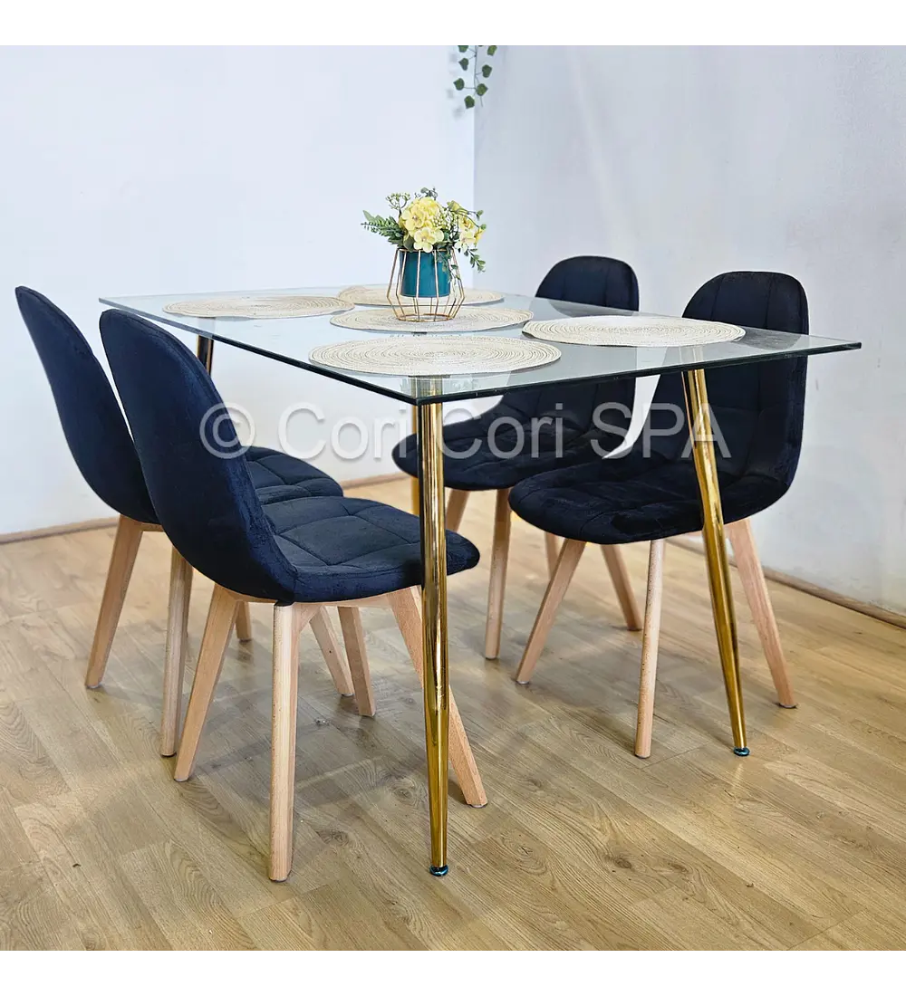 Comedor Rubi Gold 130x80cms + 4 Sillas Capitonne Velvet 