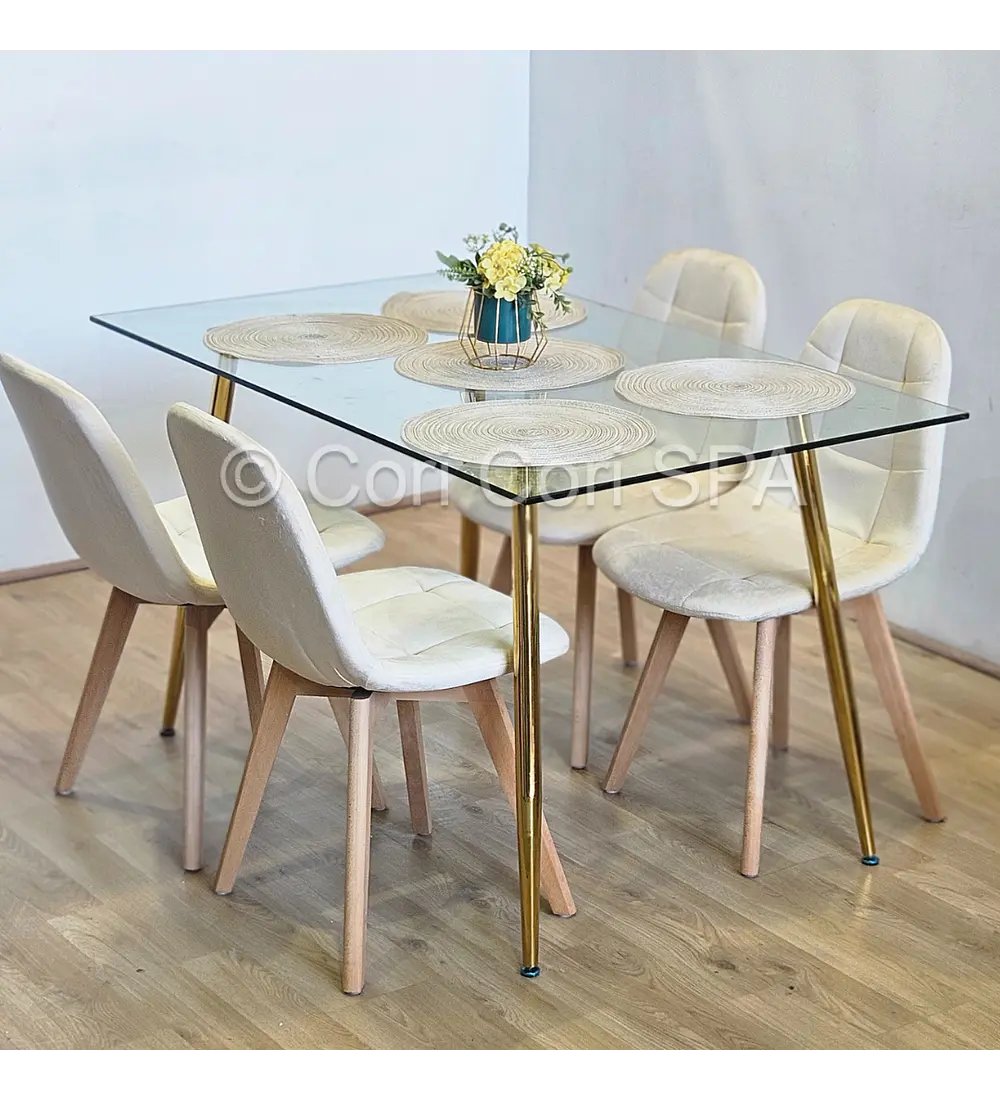 Comedor Rubi Gold 130x80cms + 4 Sillas Capitonne Velvet 