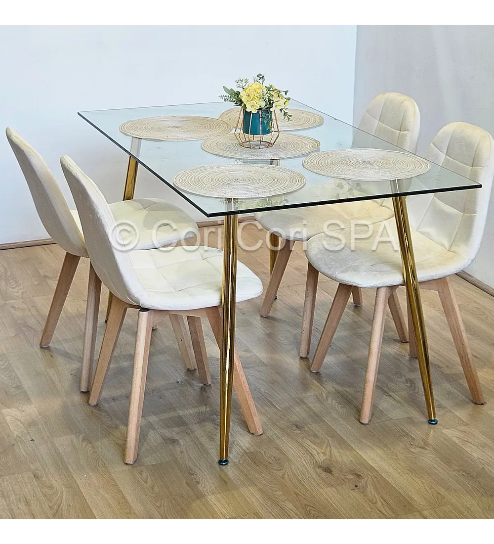 Comedor Rubi Gold 130x80cms + 4 Sillas Capitonne Velvet 