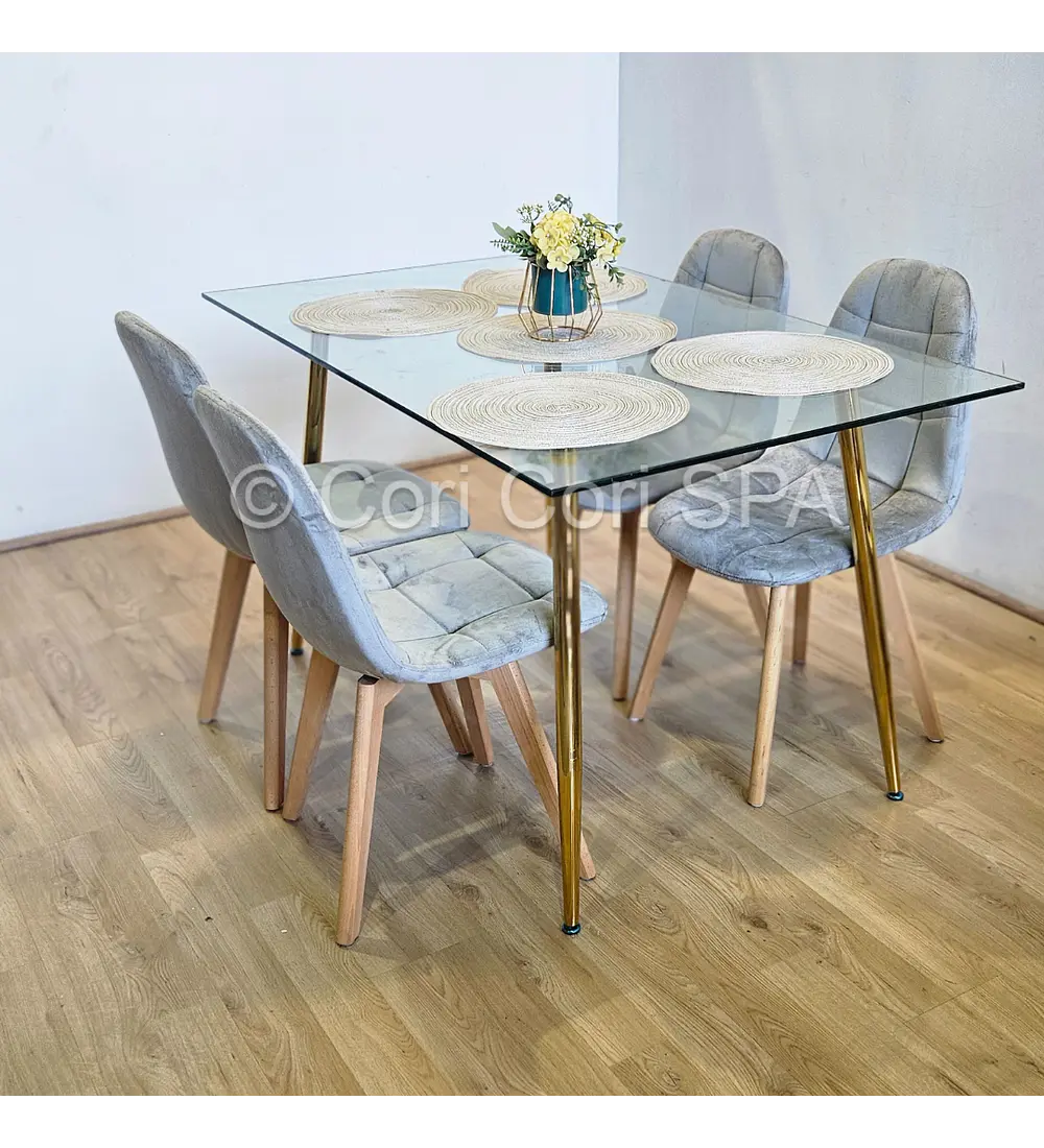Comedor Rubi Gold 130x80cms + 4 Sillas Capitonne Velvet 