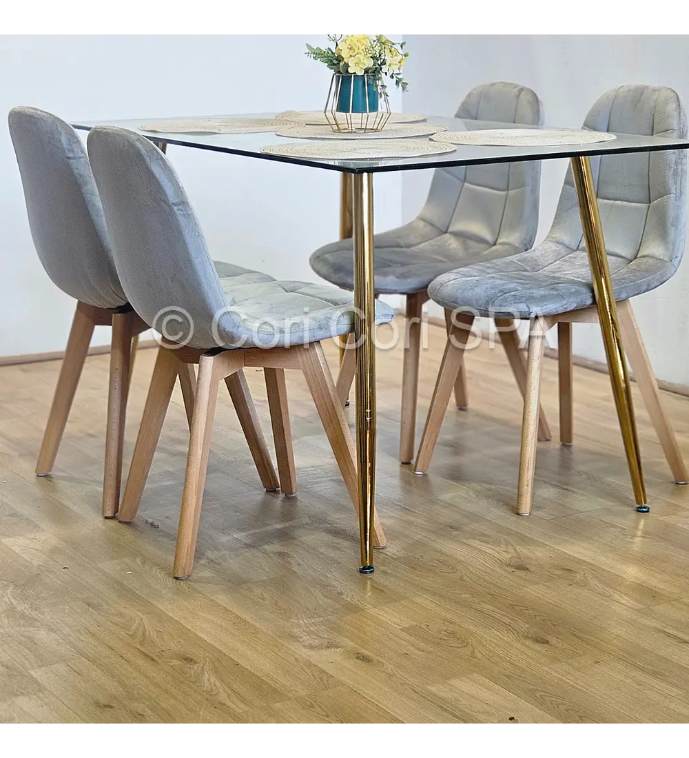 Comedor Rubi Gold 130x80cms + 4 Sillas Capitonne Velvet 