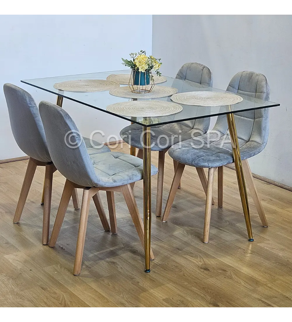 Comedor Rubi Gold 130x80cms + 4 Sillas Capitonne Velvet 