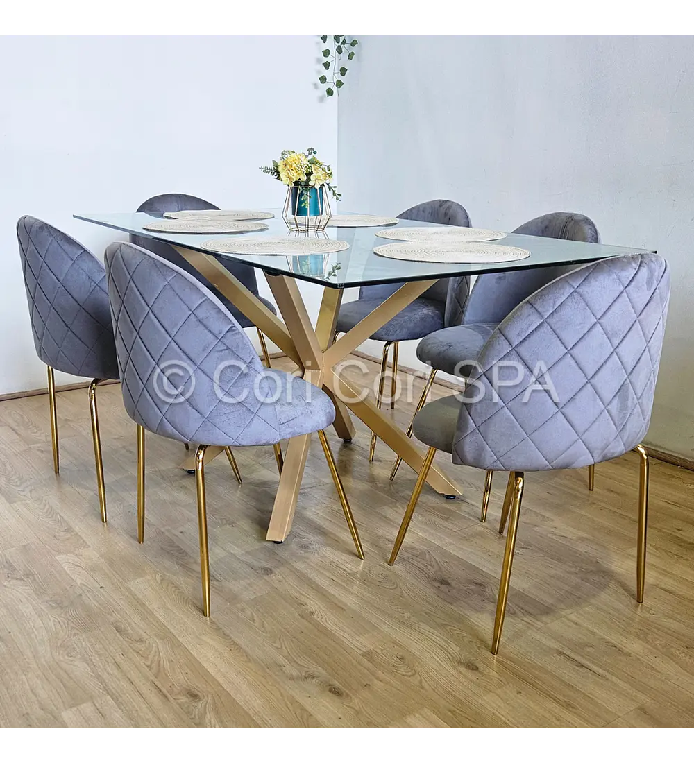 Comedor Madrid 160x90cms + 6 Sillas Bread Gold Velvet 
