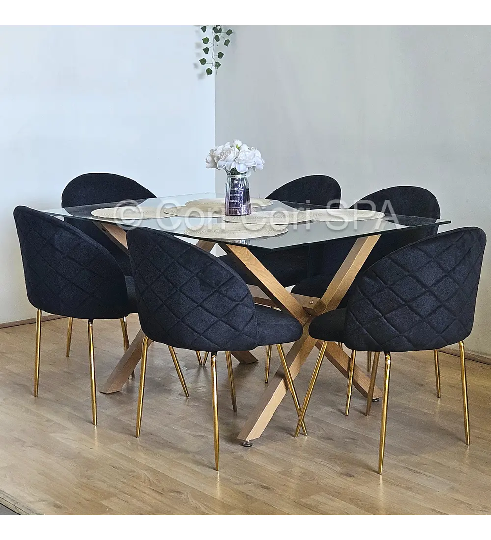 Comedor Medlock 130 x 80cm + 6 Sillas Bread Gold Velvet 