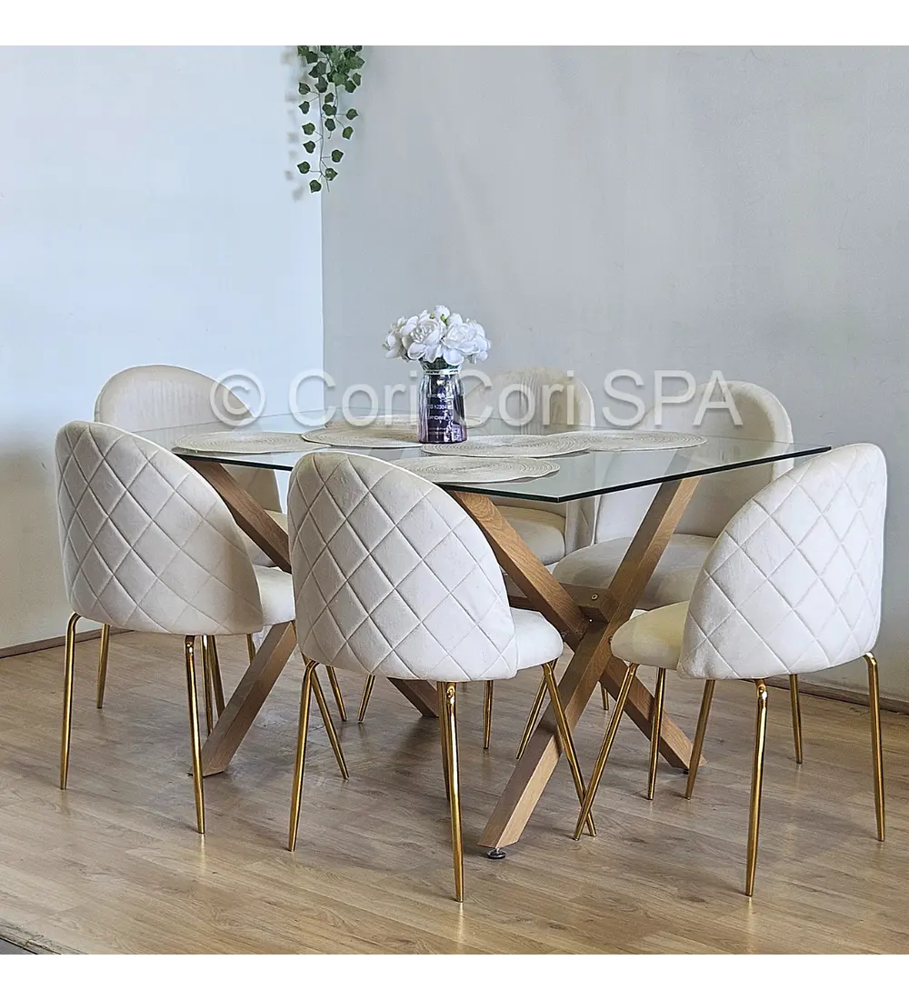 Comedor Medlock 130 x 80cm + 6 Sillas Bread Gold Velvet 