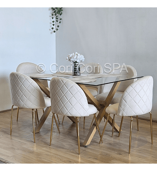 Comedor Medlock 130 x 80cm + 6 Sillas Bread Gold Velvet 