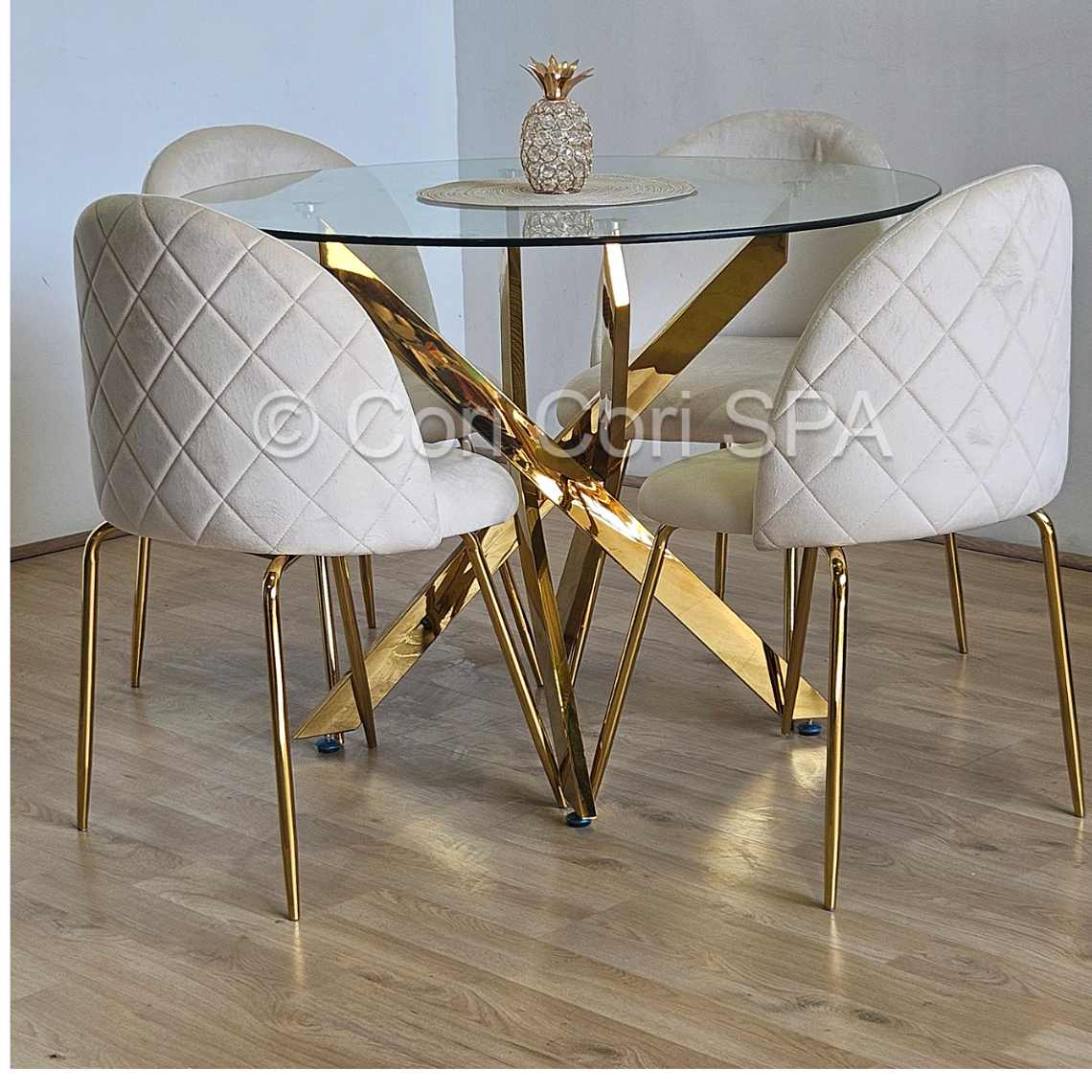 Comedor Warwick Gold 100cm + 4 Sillas Bread Gold 1