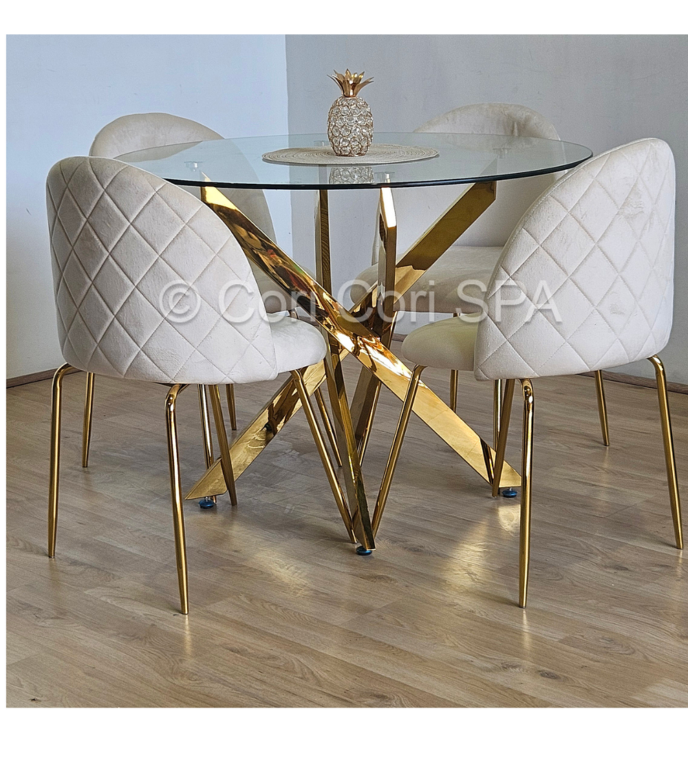 Comedor Warwick Gold 120cm + 4 Sillas Bread Gold