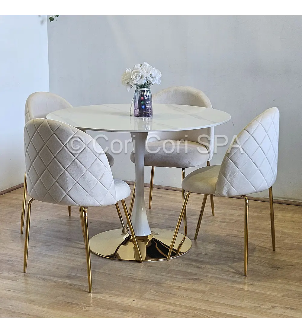 Comedor Tulip Gold Mármol 100cm + 4 Sillas Bread Gold
