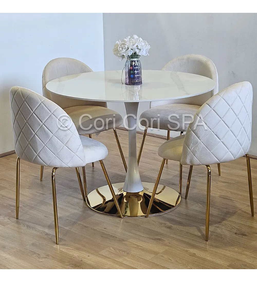 Comedor Tulip Gold Mármol 100cm + 4 Sillas Bread Gold