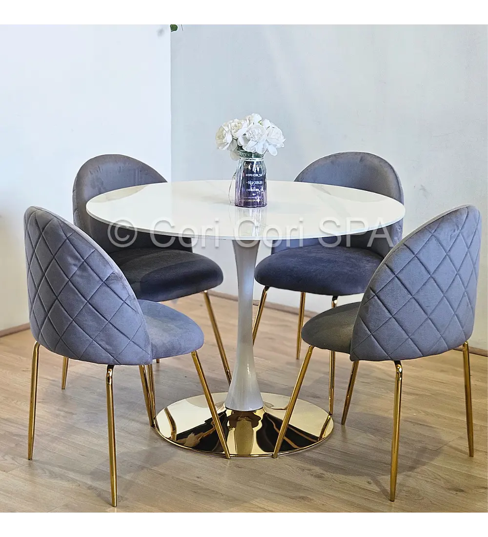 Comedor Tulip Gold Mármol 100cm + 4 Sillas Bread Gold