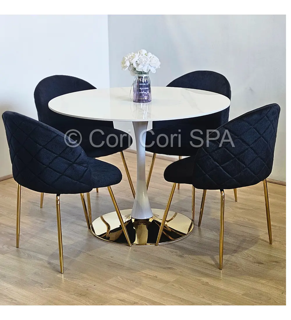 Comedor Tulip Gold Mármol 100cm + 4 Sillas Bread Gold