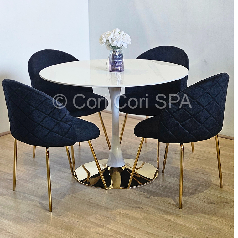 Comedor Tulip Gold Mármol 100cm + 4 Sillas Bread Gold 5