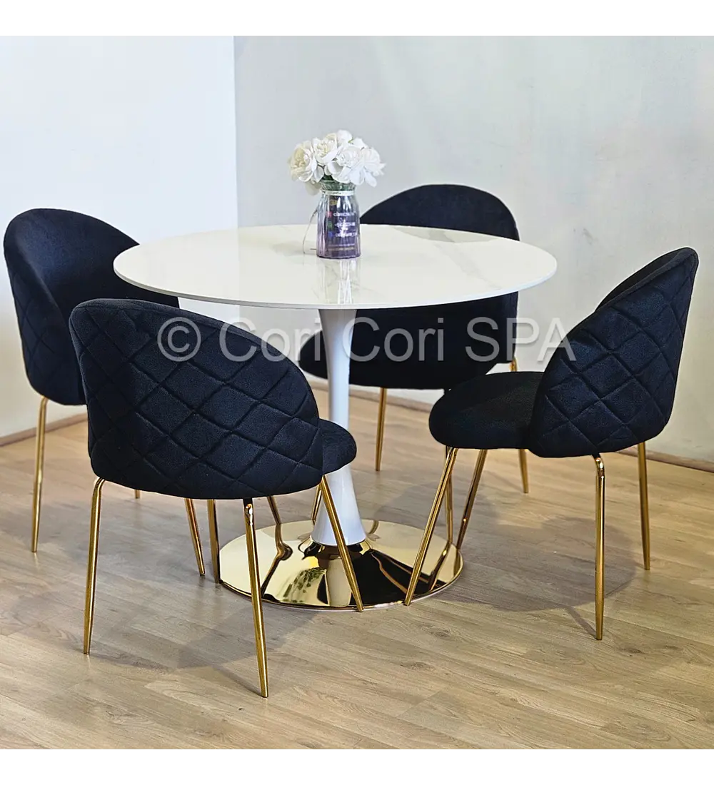 Comedor Tulip Gold Mármol 100cm + 4 Sillas Bread Gold
