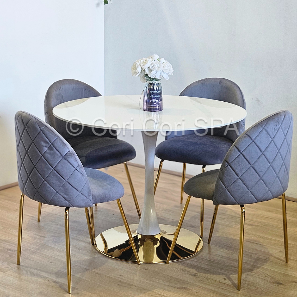 Comedor Tulip Gold Mármol 80cm + 4 Sillas Bread Gold 5