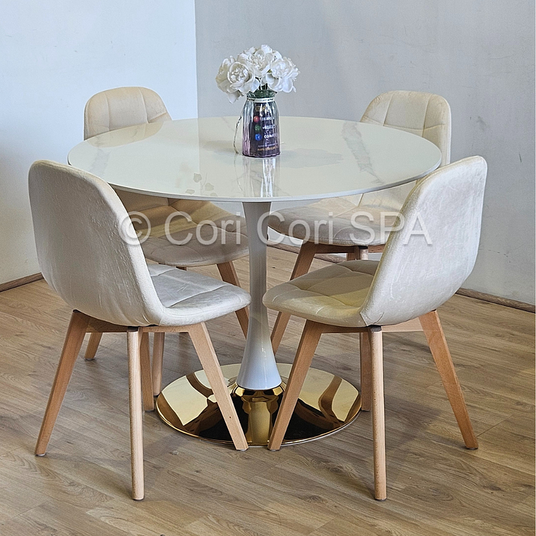 Comedor Tulip Gold Mármol 100cm + 4 Sillas Capitonne Velvet 2