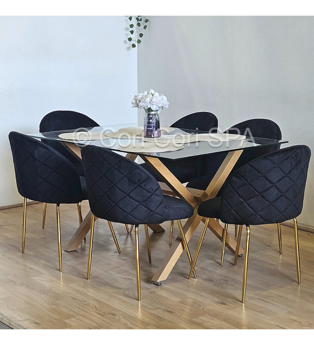 Comedor Medlock 140x90cms + 6 Sillas Bread Gold Velvet 