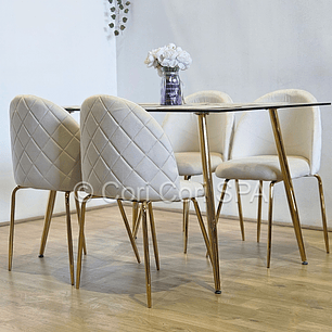 Comedor Rubi Gold 130x80cms  + 4 Sillas Bread Gold Velvet 