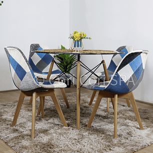 Comedor Eames Vidrio 80cms + 4 Sillas Patchwork Wood