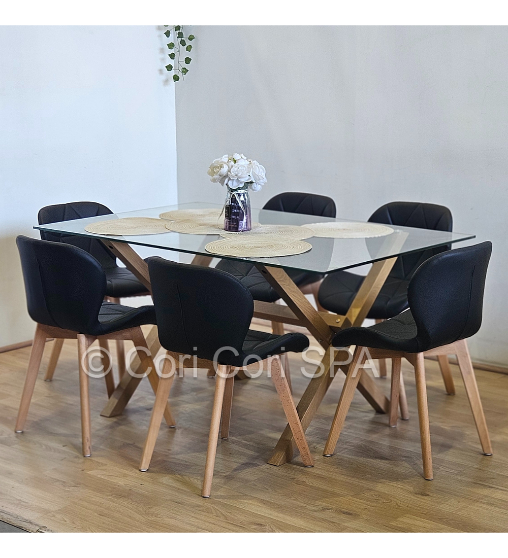 Comedor Medlock 140x90cms + 6 Sillas Mariposa Ecocuero Wood