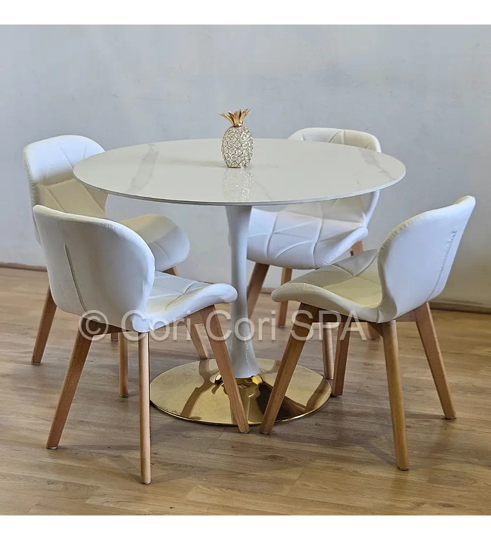Comedor Tulip Gold Mármol 100cm + 4 Sillas Mariposa Ecocuero Wood
