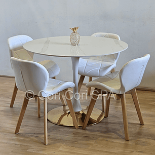 Comedor Tulip Gold Mármol 100cm + 4 Sillas Mariposa Ecocuero Wood