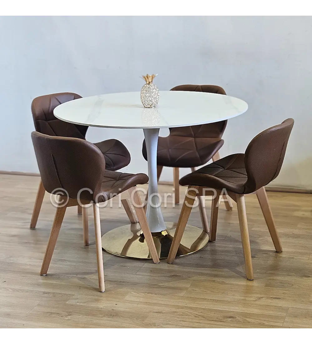 Comedor Tulip Gold Mármol 100cm + 4 Sillas Mariposa Ecocuero Wood