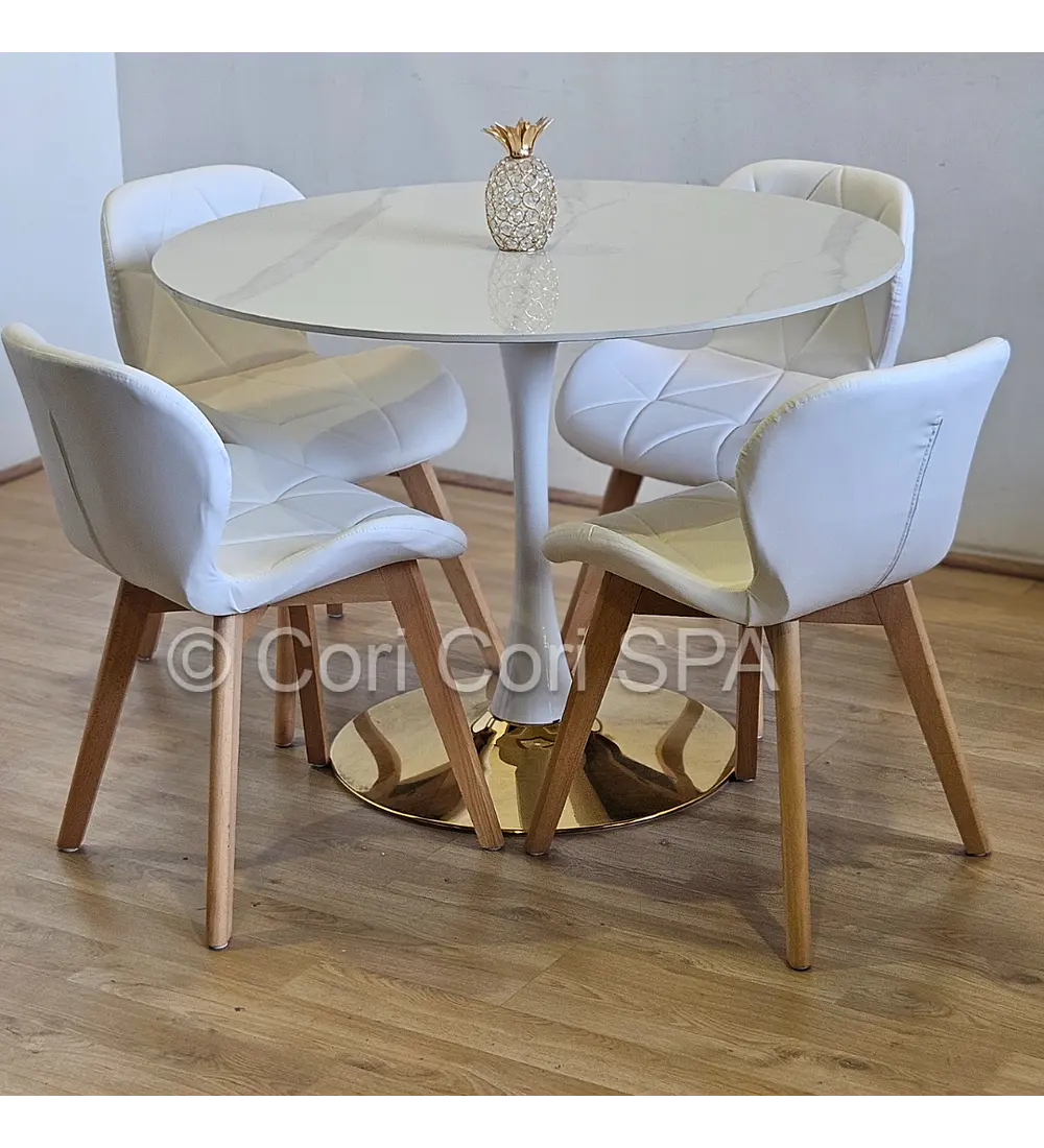 Comedor Tulip Gold Mármol 100cm + 4 Sillas Mariposa Ecocuero Wood