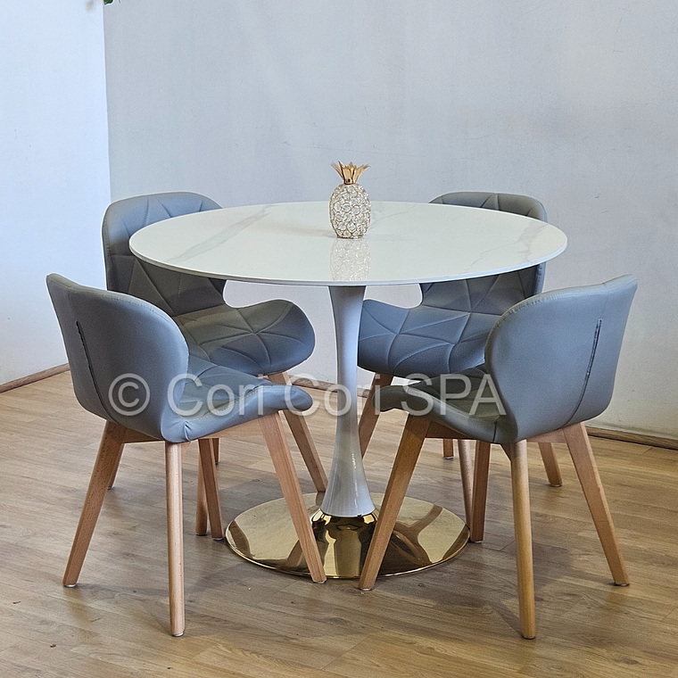Comedor Tulip Gold Mármol 100cm + 4 Sillas Mariposa Ecocuero Wood 5