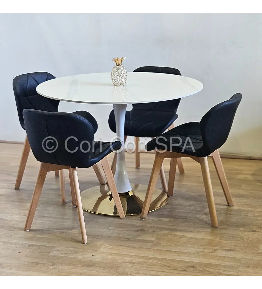 Comedor Tulip Gold Mármol 100cm + 4 Sillas Mariposa Ecocuero Wood