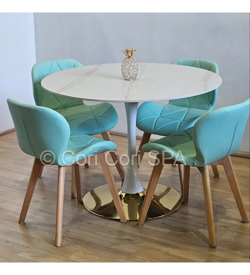 Comedor Tulip Gold Mármol 100cm + 4 Sillas Mariposa Ecocuero Wood