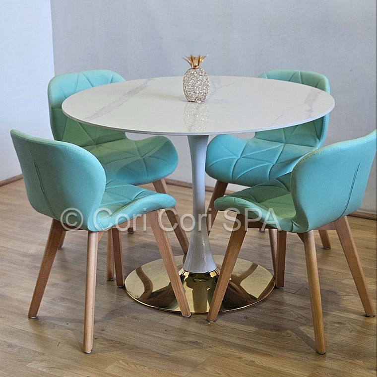 Comedor Tulip Gold Mármol 100cm + 4 Sillas Mariposa Ecocuero Wood 1