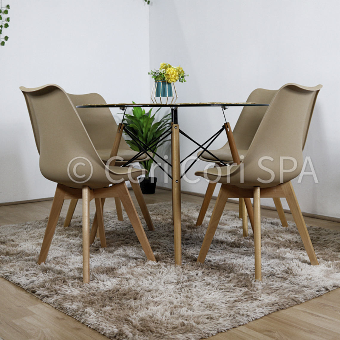 Comedor Eames Vidrio 120cms + 4 Sillas Tulip 8