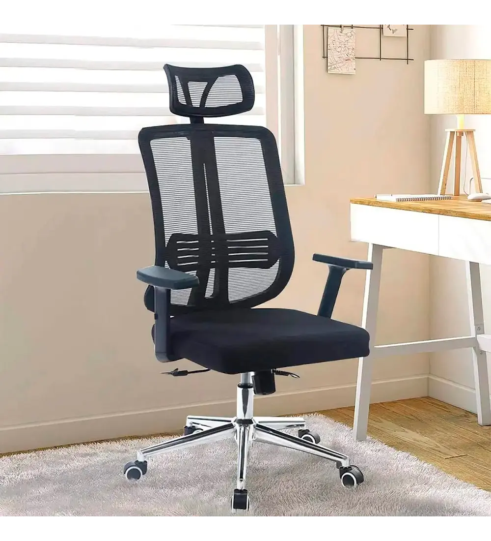 Silla de Oficina Mesh Negra Ejecutiva con apoyabrazos y cabeza