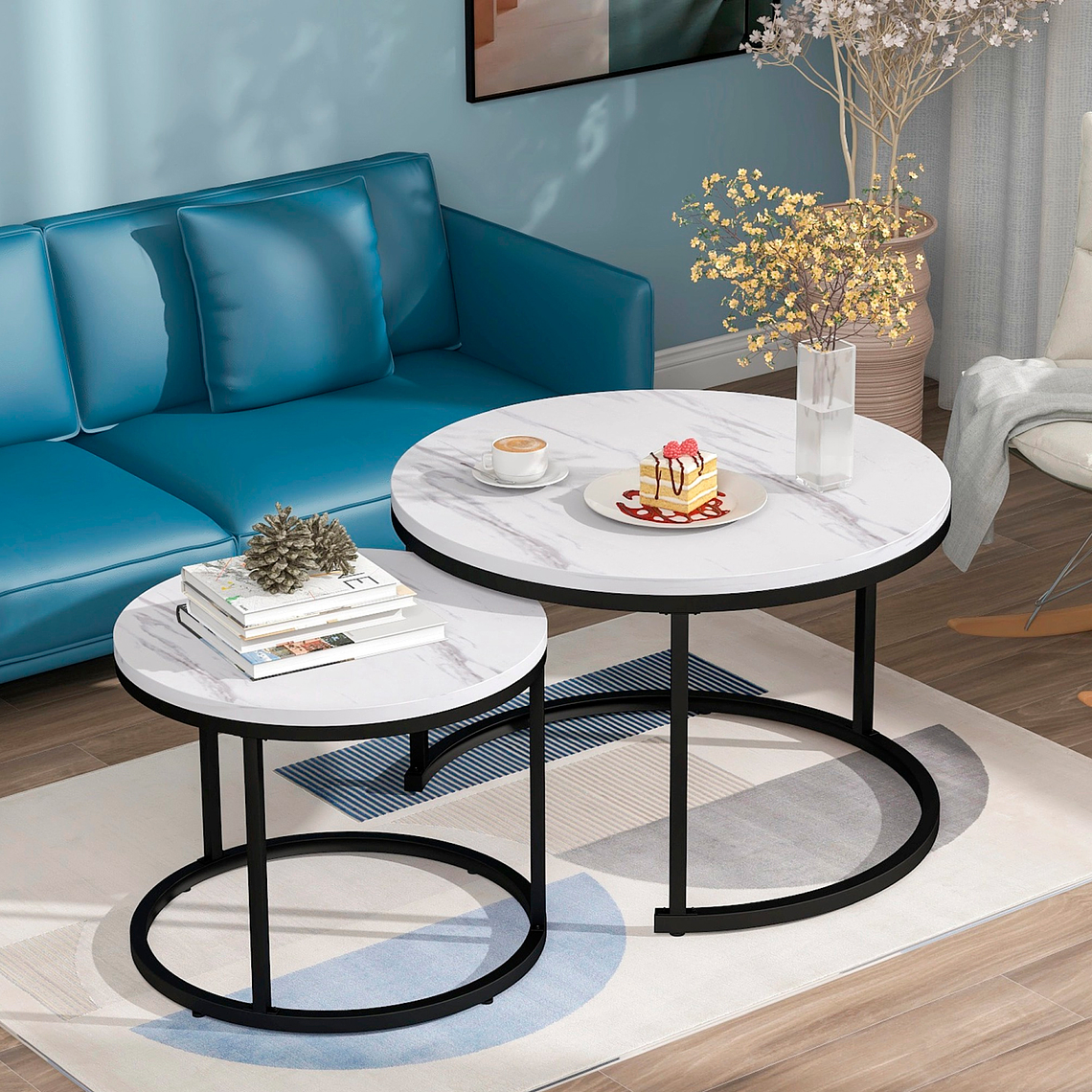 Mesa de Centro Anidadas - Diseño de marmol con Base Negra 1