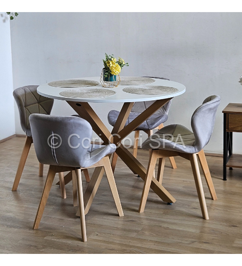 Comedor Warwick Melamina Blanca 120cm + 4 Sillas Mariposa Velvet
