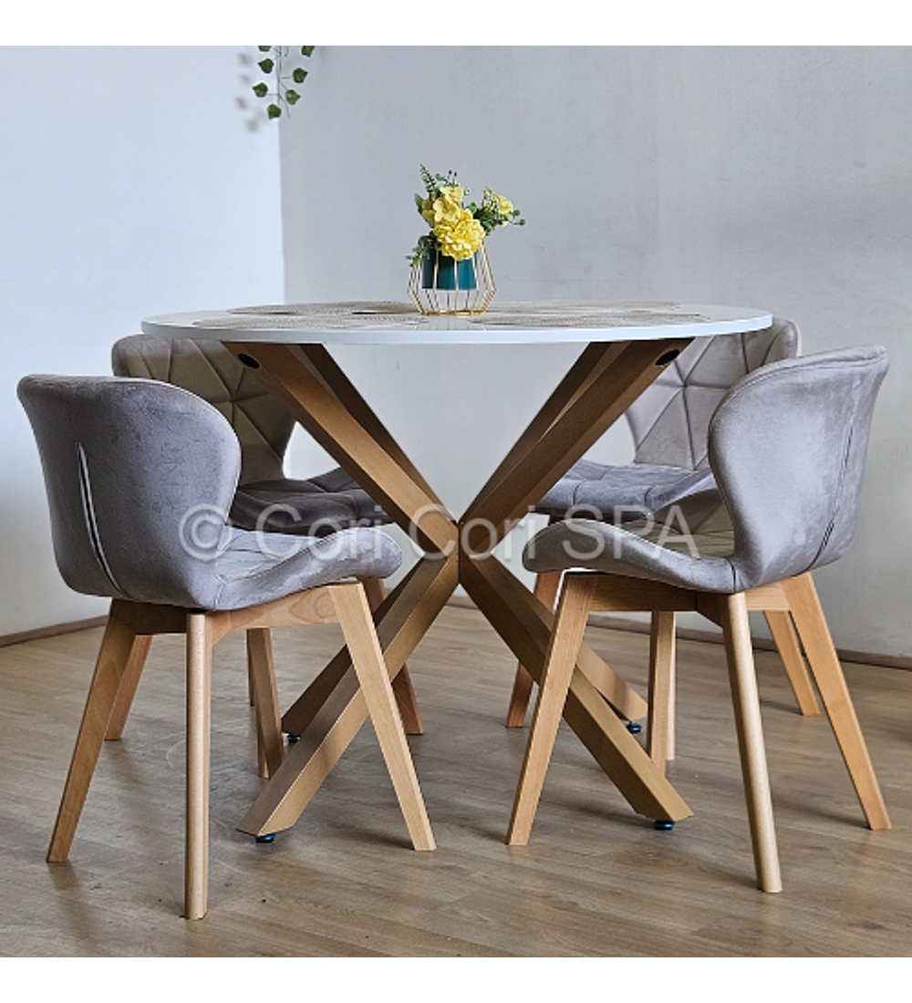 Comedor Warwick Melamina Blanca 120cm + 4 Sillas Mariposa Velvet