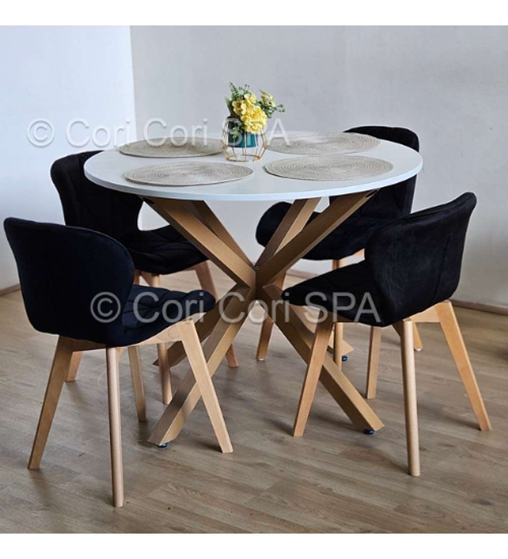Comedor Warwick Melamina Blanca 120cm + 4 Sillas Mariposa Velvet