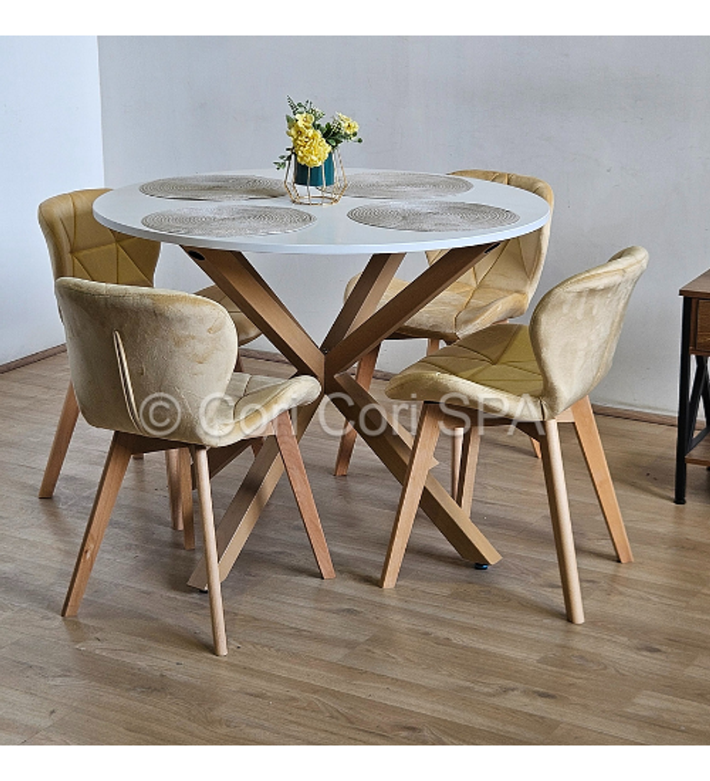 Comedor Warwick Melamina Blanca 120cm + 4 Sillas Mariposa Velvet
