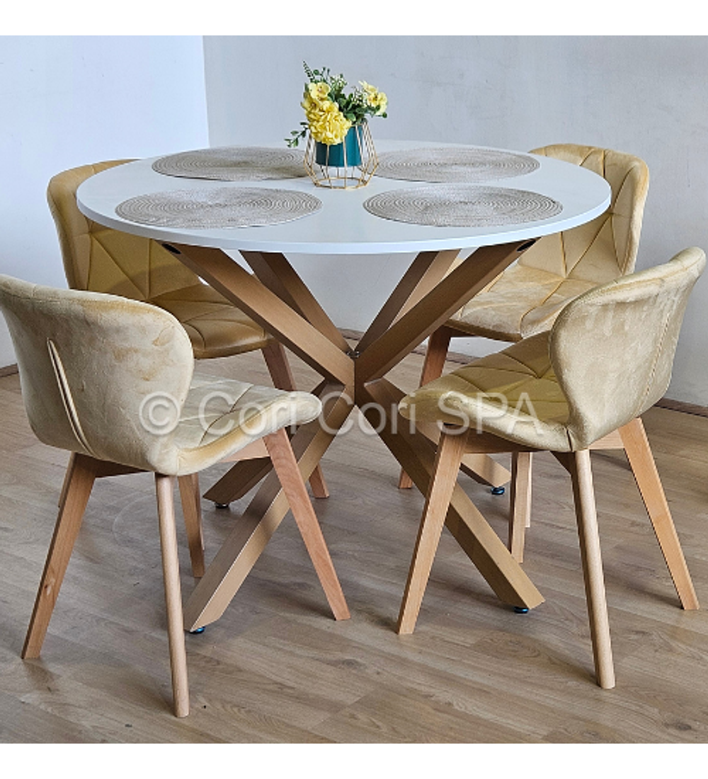 Comedor Warwick Melamina Blanca 120cm + 4 Sillas Mariposa Velvet