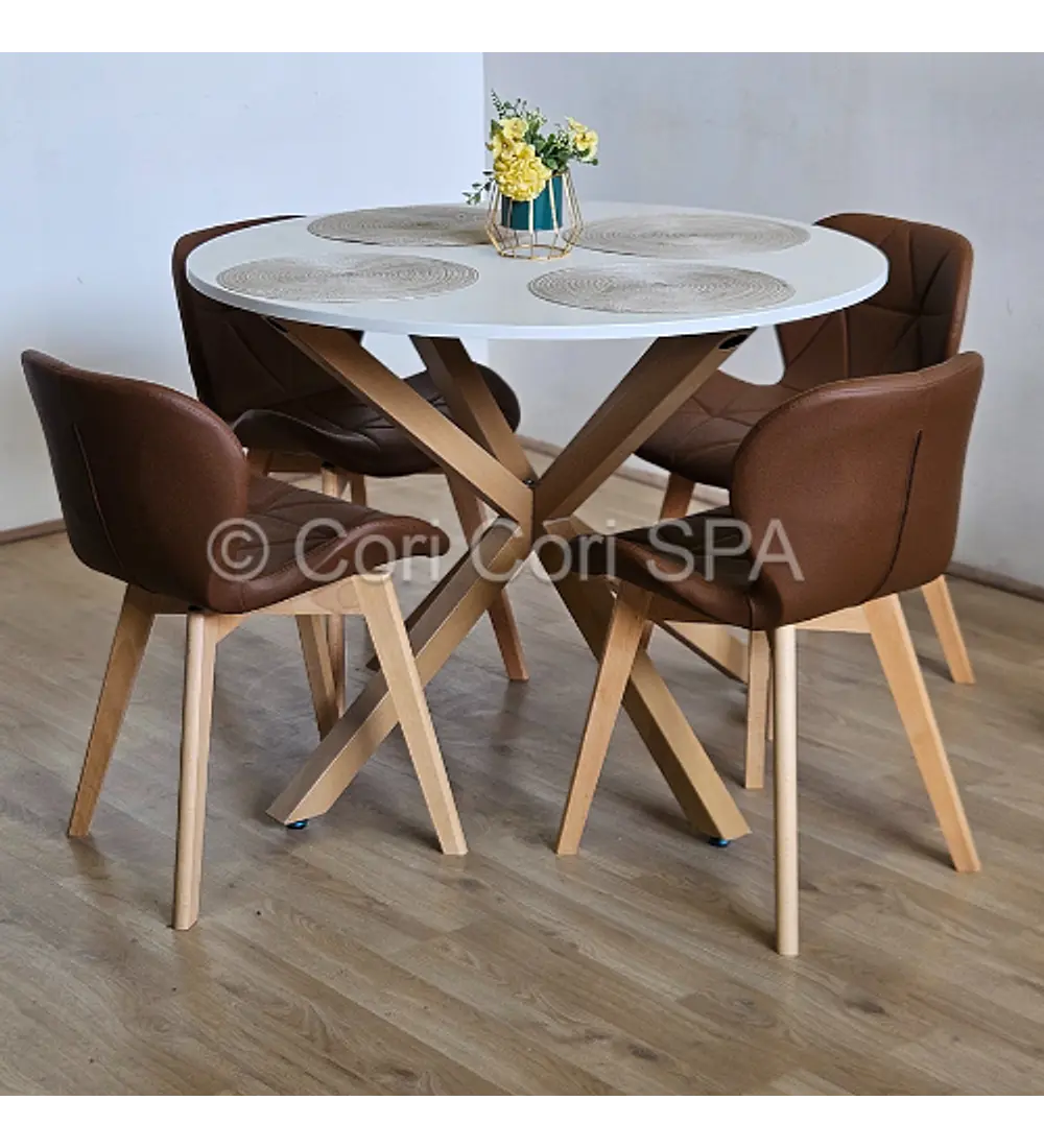 Comedor Warwick Melamina Blanca 100cm + 4 Sillas Mariposa Ecocuero Wood