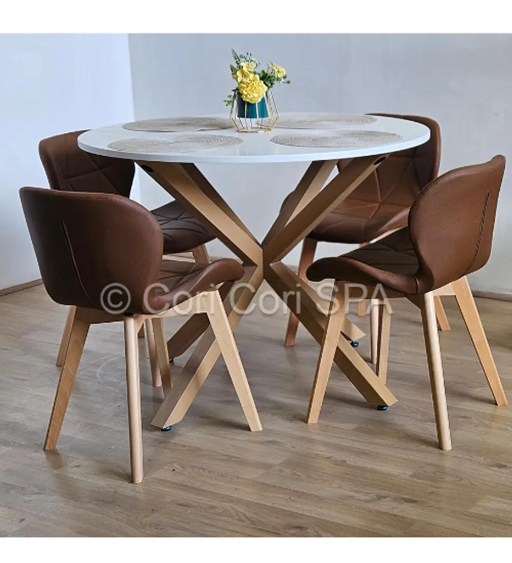 Comedor Warwick Melamina Blanca 100cm + 4 Sillas Mariposa Ecocuero Wood
