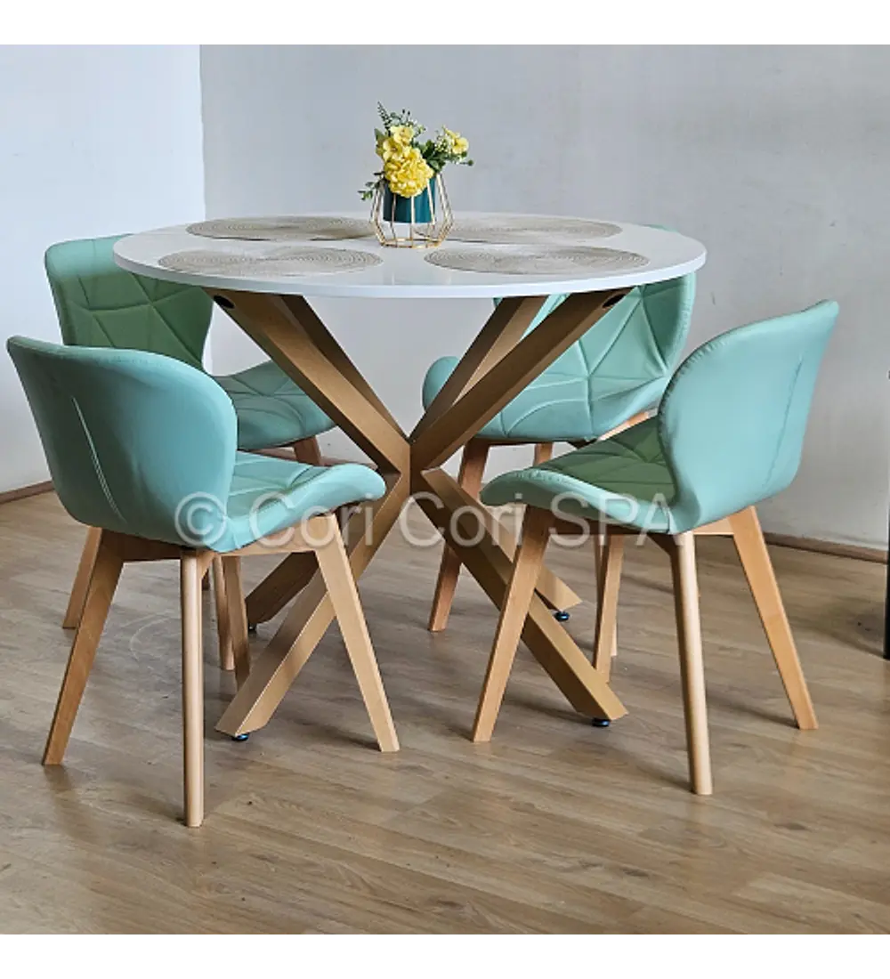 Comedor Warwick Melamina Blanca 100cm + 4 Sillas Mariposa Ecocuero Wood