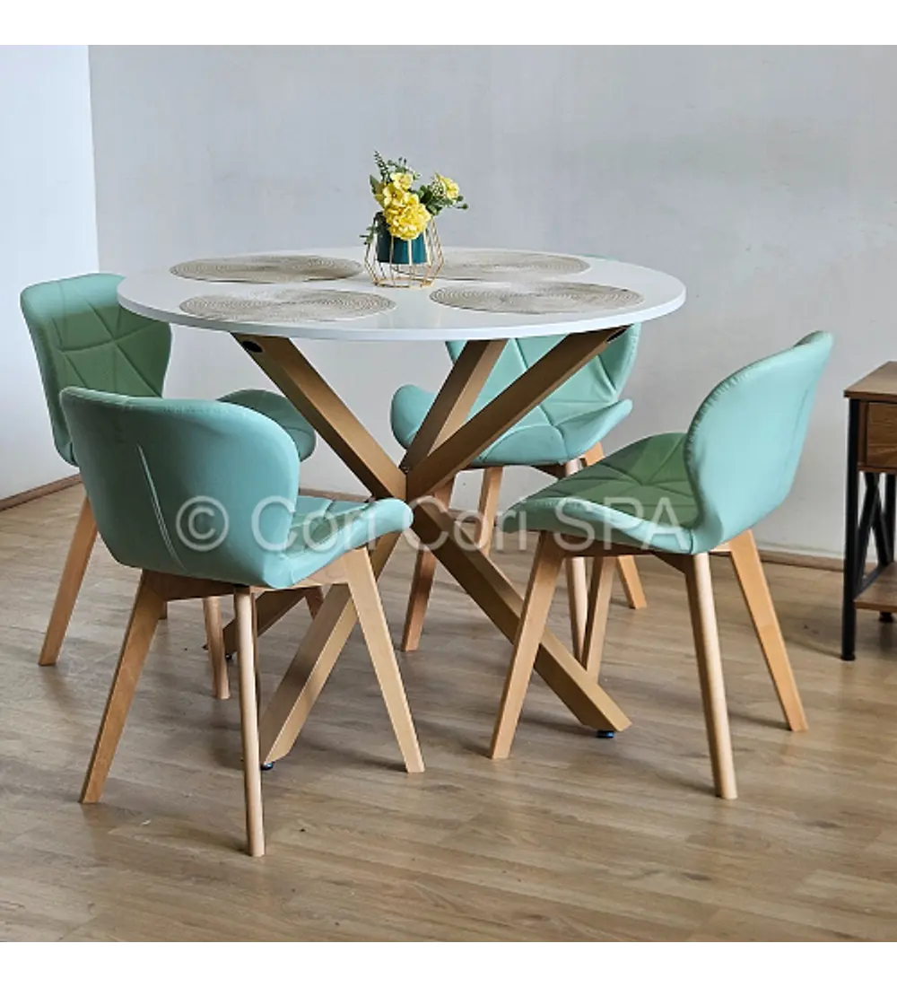 Comedor Warwick Melamina Blanca 100cm + 4 Sillas Mariposa Ecocuero Wood