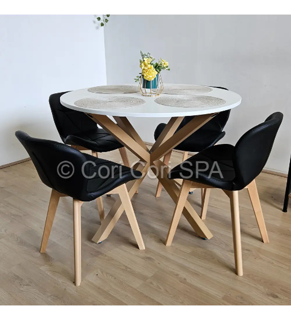 Comedor Warwick Melamina Blanca 100cm + 4 Sillas Mariposa Ecocuero Wood