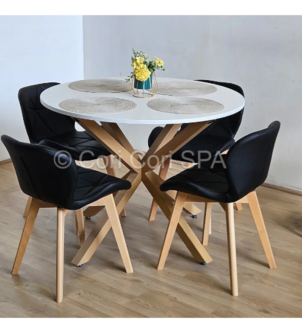 Comedor Warwick Melamina Blanca 100cm + 4 Sillas Mariposa Ecocuero Wood