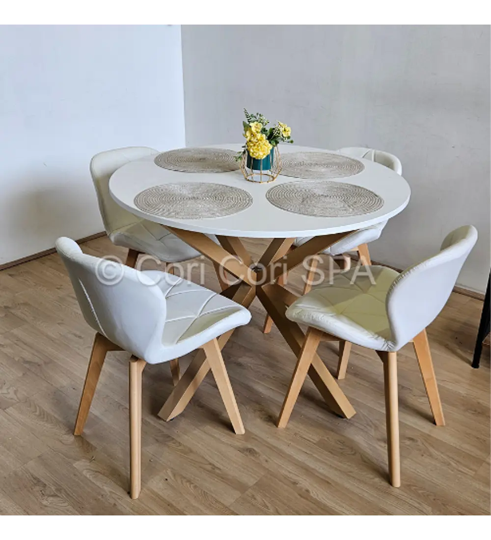 Comedor Warwick Melamina Blanca 100cm + 4 Sillas Mariposa Ecocuero Wood