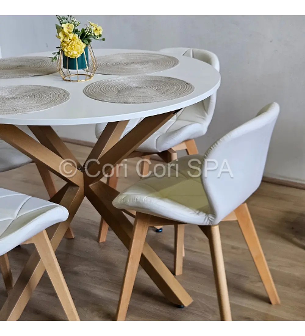 Comedor Warwick Melamina Blanca 100cm + 4 Sillas Mariposa Ecocuero Wood